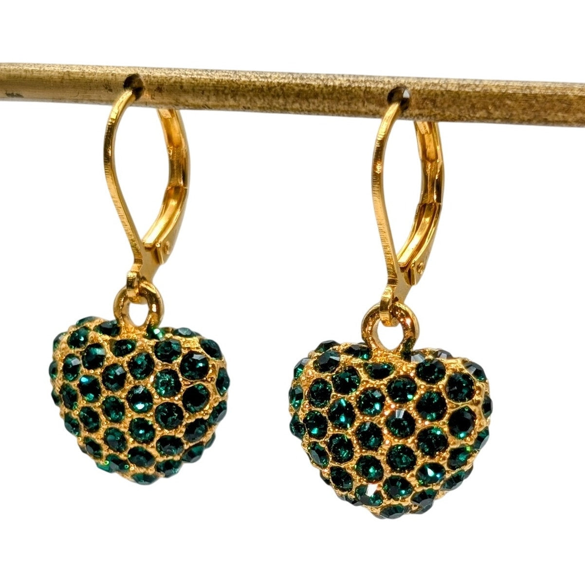Joan River Green Rhinestone Encrusted Heart Dangle Gold Tone Lever Back Earrings