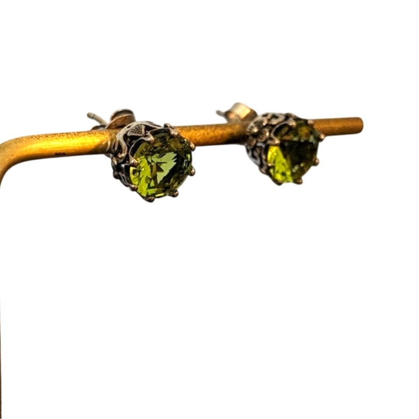 Green Crystal Studs in Fancy Floral Silver Tone Setting