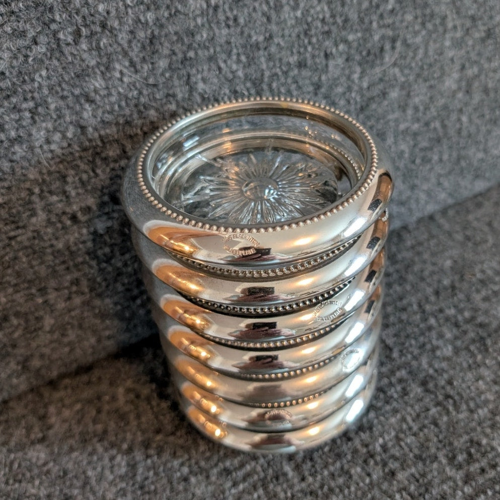 Vintage Regency Style Crystal Silverplate Coasters Set of 7 By WeS Blankinton
