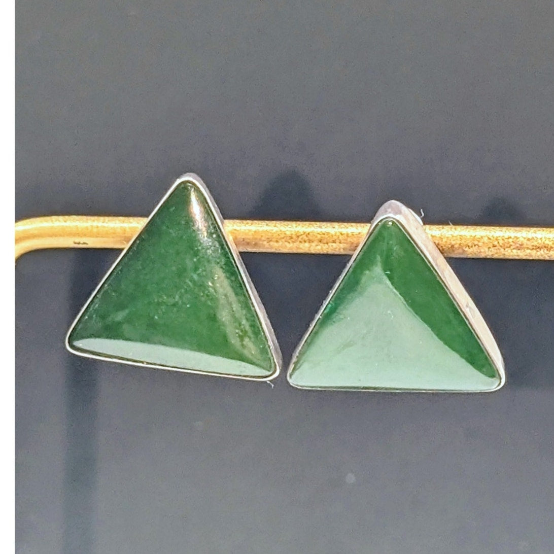 Vintage Signed Sterling Silver Nephrite Jade Stone Triangle Stud Earrings