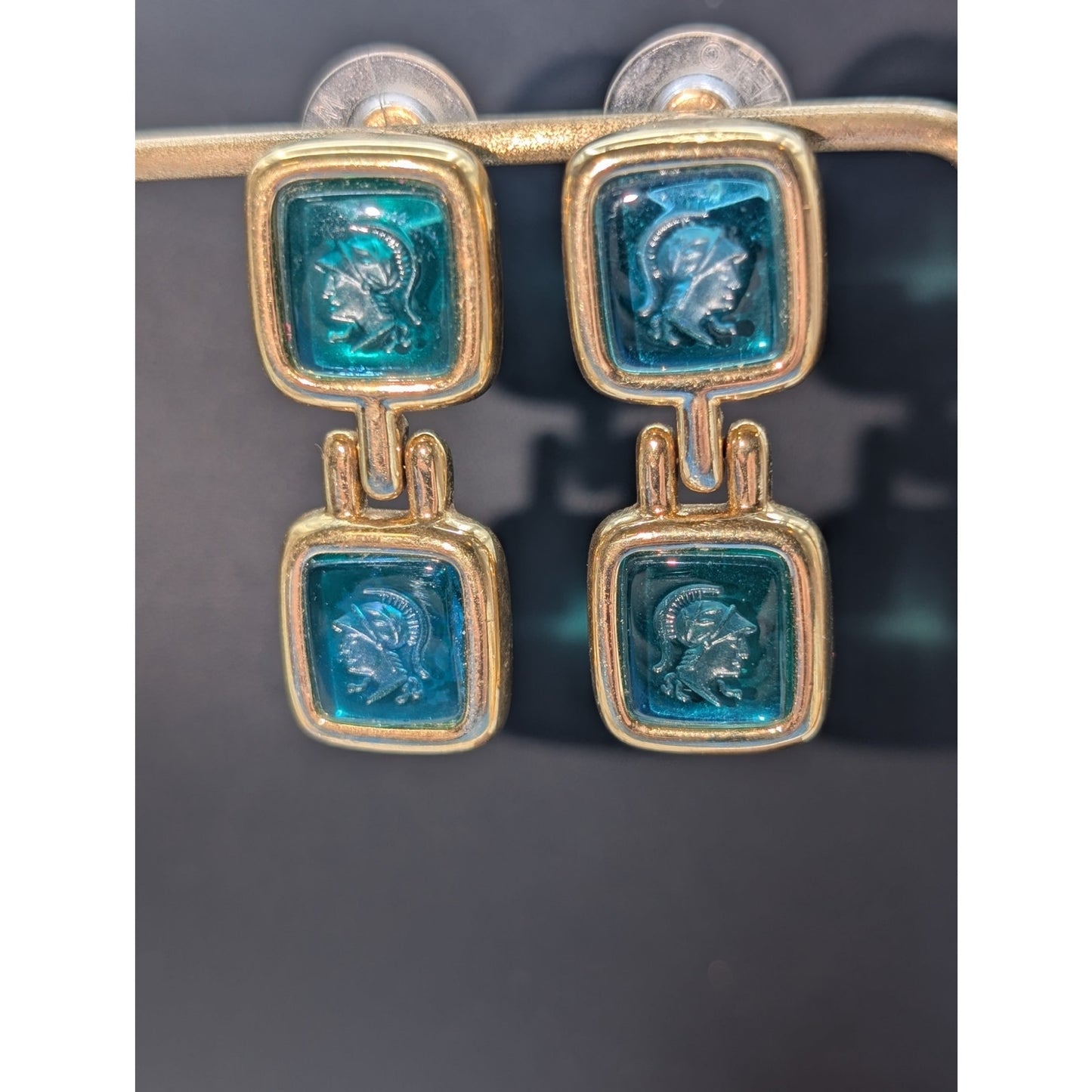 Vintage Monet Gold Tone Warrior Green Intaglio Etched Drop Pierced Earrings Rare