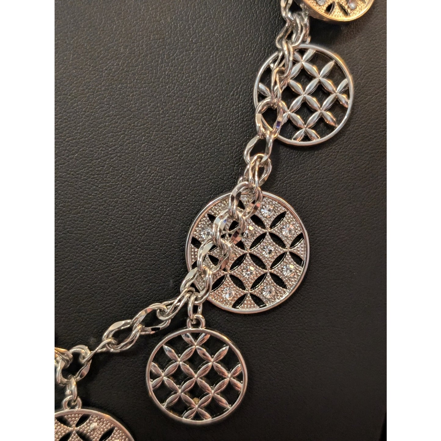 Charter Club Silver Tone Rhinestone Disk Charm Necklace & Matching Bracelet