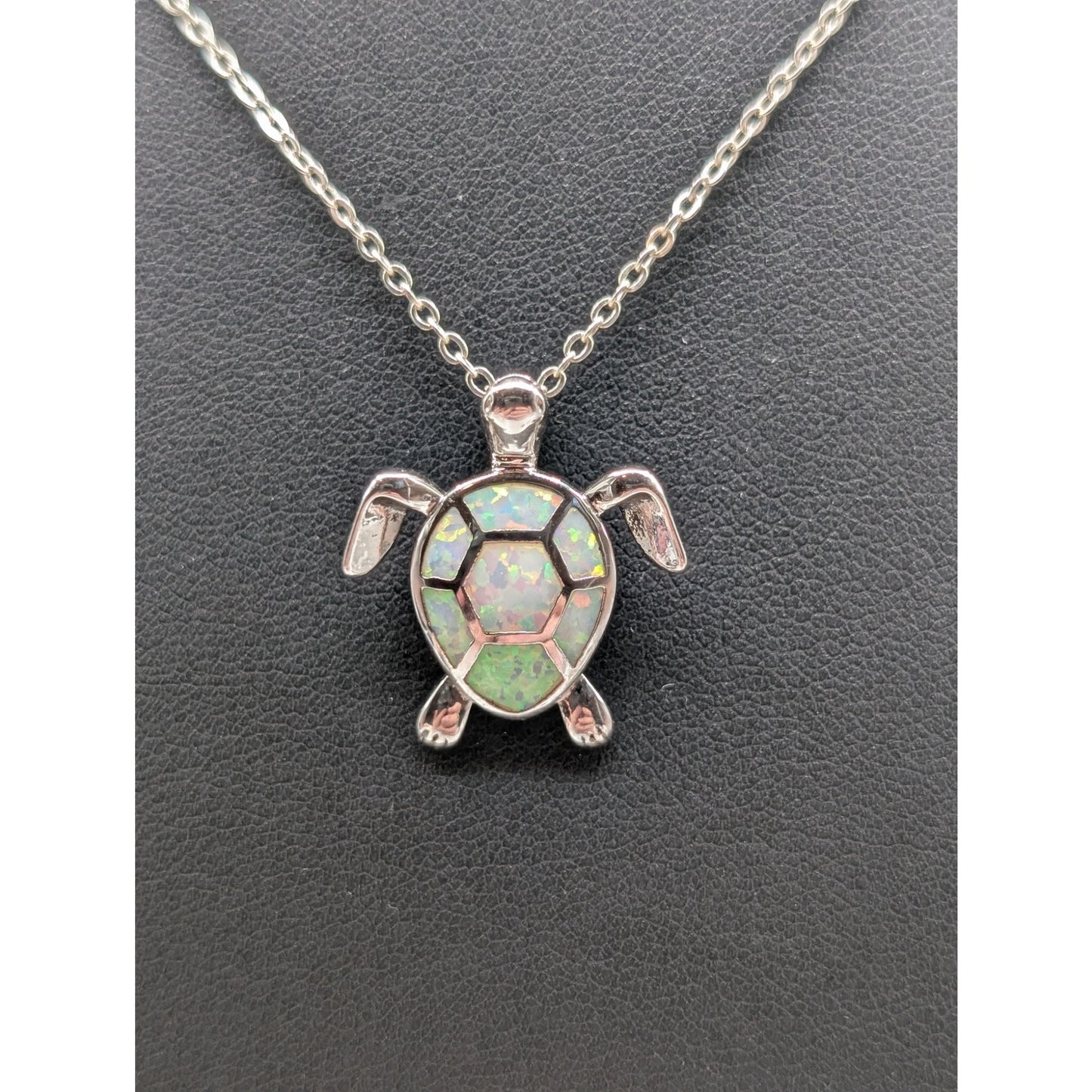 Silver Tone Faux Opal Inlay Turtle Pendant Chain 18" Necklace