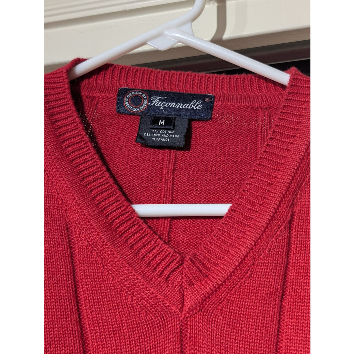Faconnable Designed & Made in FranceRed Ribbed V Neck Pullover Sweater Sz M