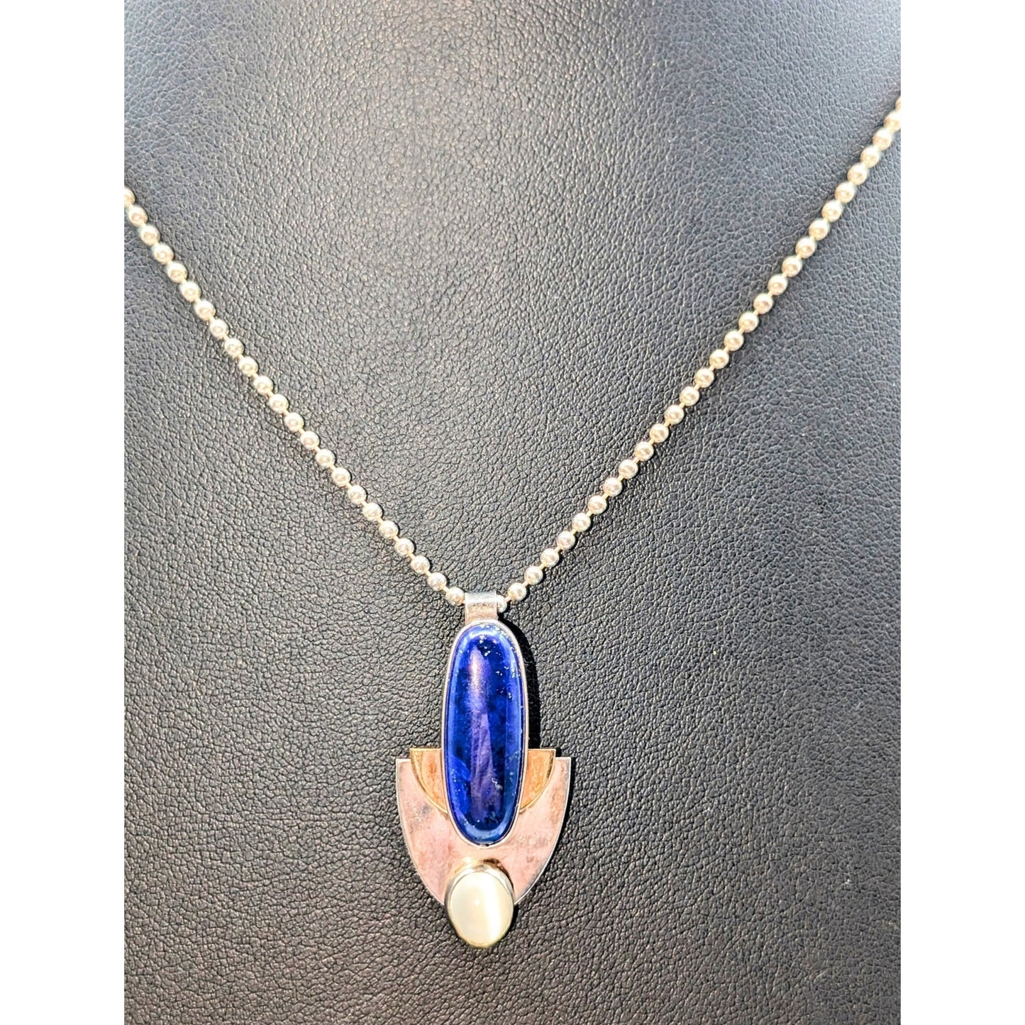 VTG Sterling Two Toned Lapis Lazuli & Moonstone Bead Ball Chain Necklace