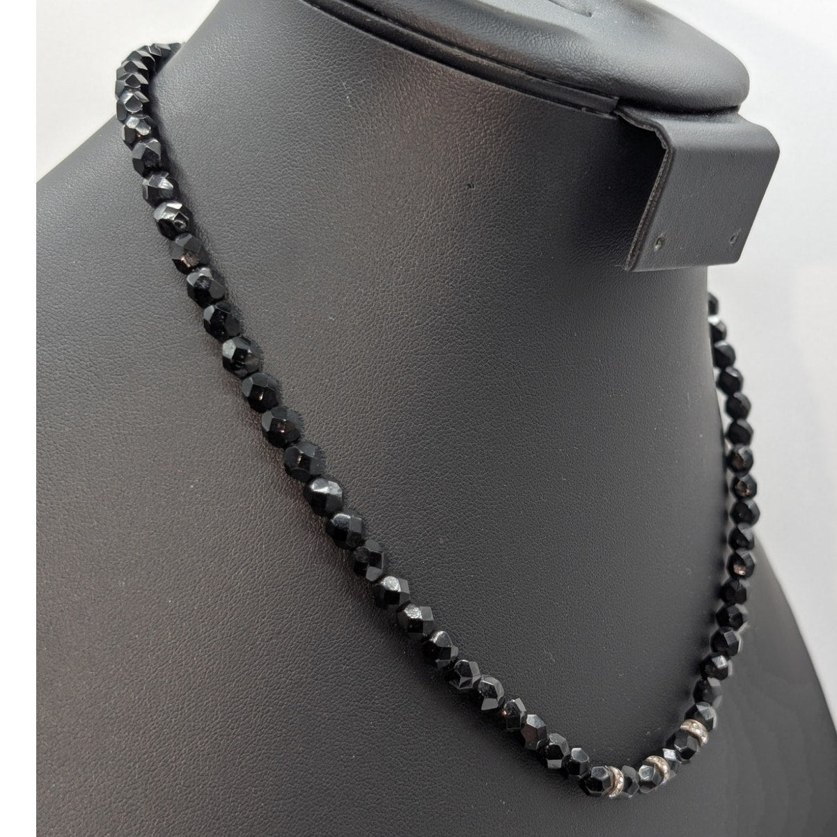 Vintage Black Faceted Glass Crystal Rondelle Bead 18.5" Necklace
