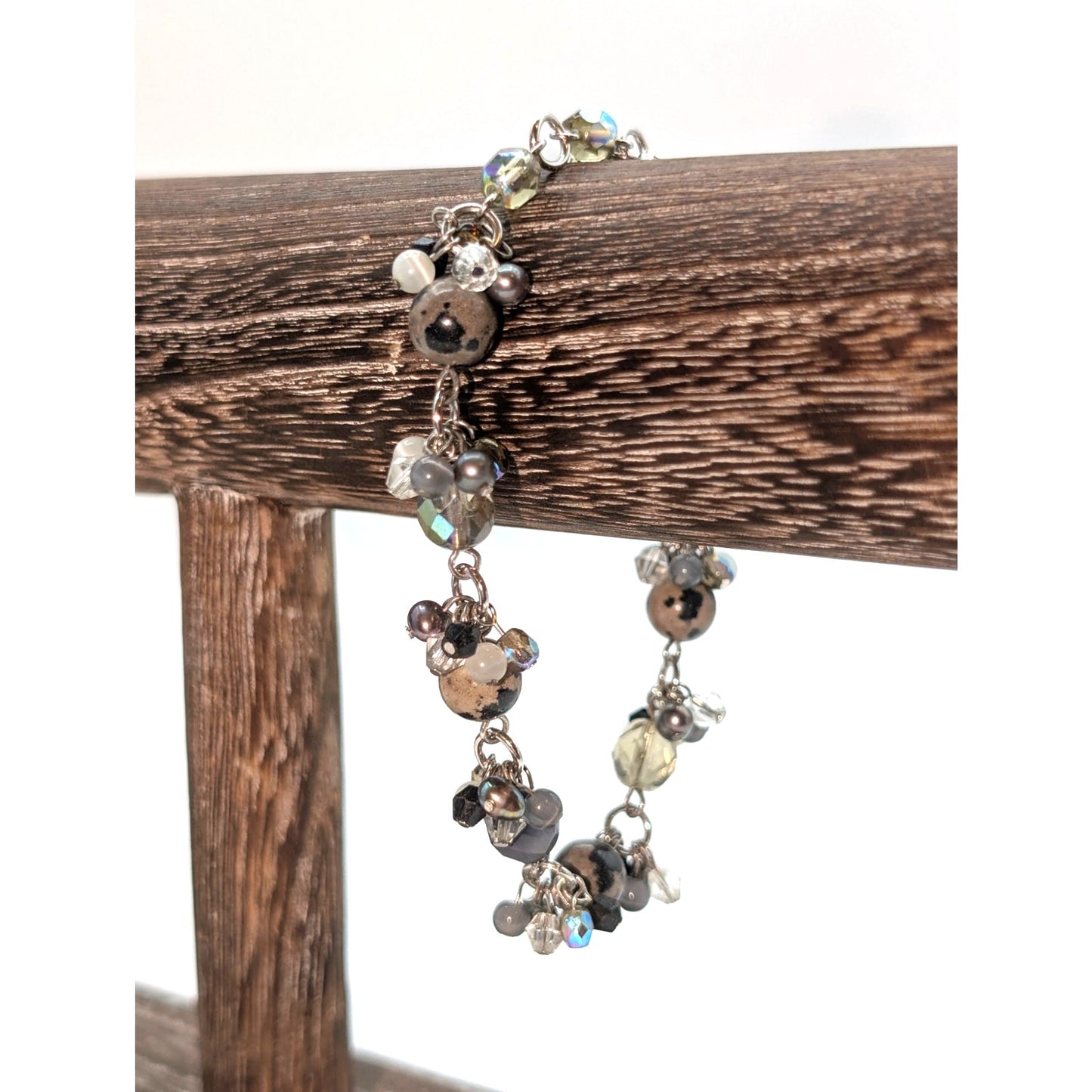 Little Bit of Everything Stone Crystal Pearl Bead Dangle Silver Tone Bracelet