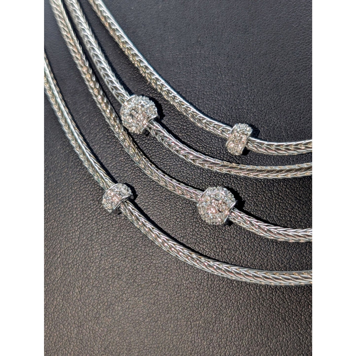 Silver Tone 4 Strand Wheat Chain Pave Bead Stations16.5"-20" Necklace