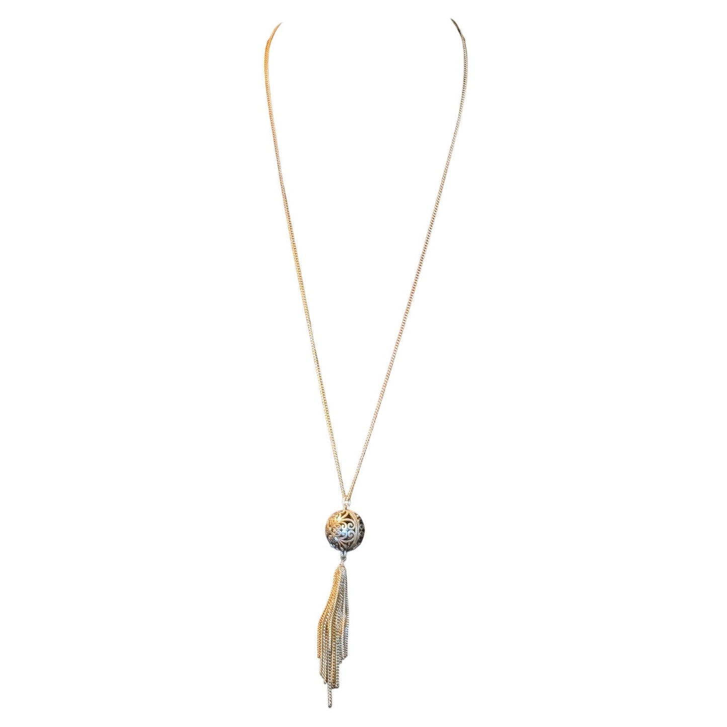 Lucky Brand Two Tone Metal Scroll Filigree Ball Tassel Long Necklace