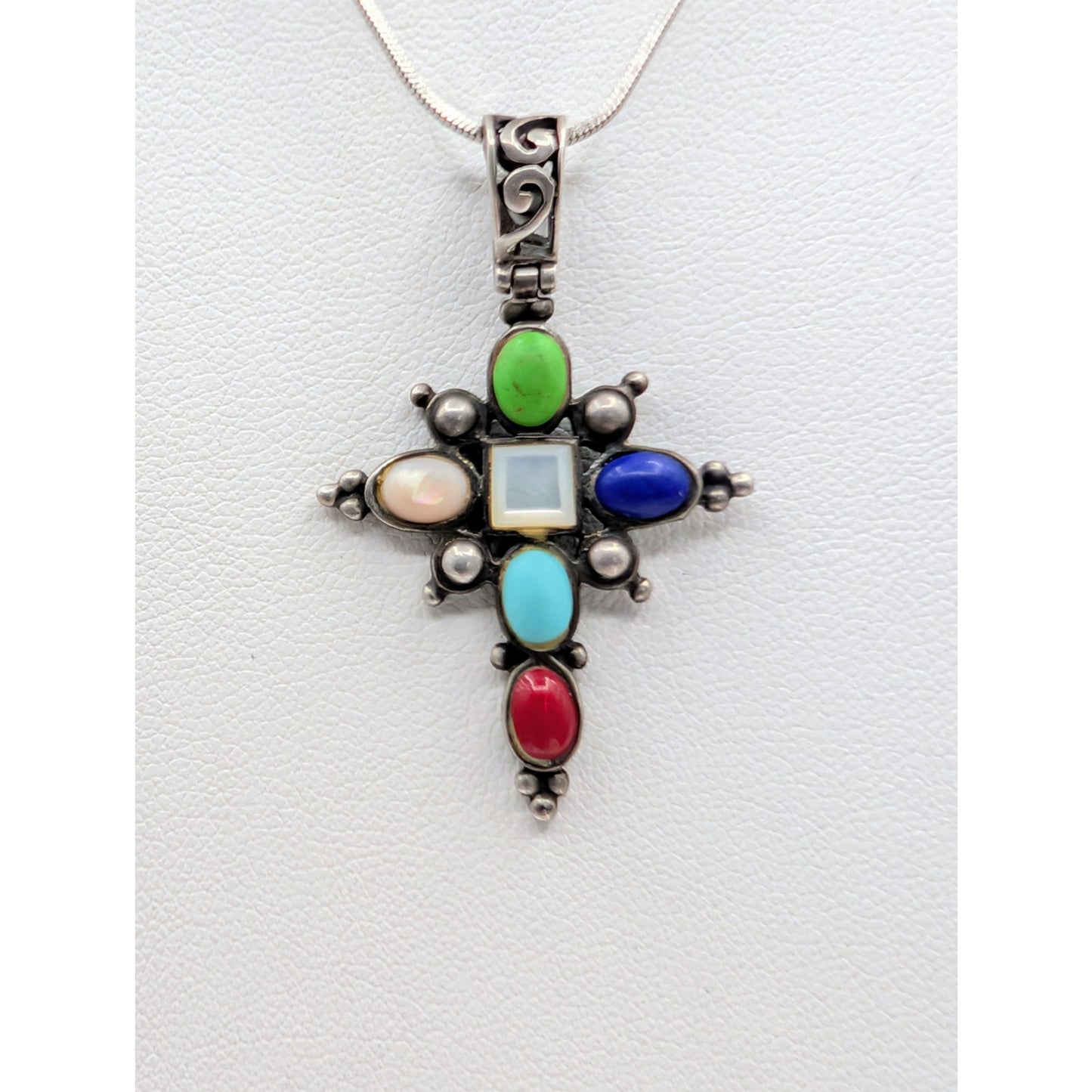 Vintage 925 Sterling Multi-Stone Cross Pendant 16" Square Snake Chain Necklace