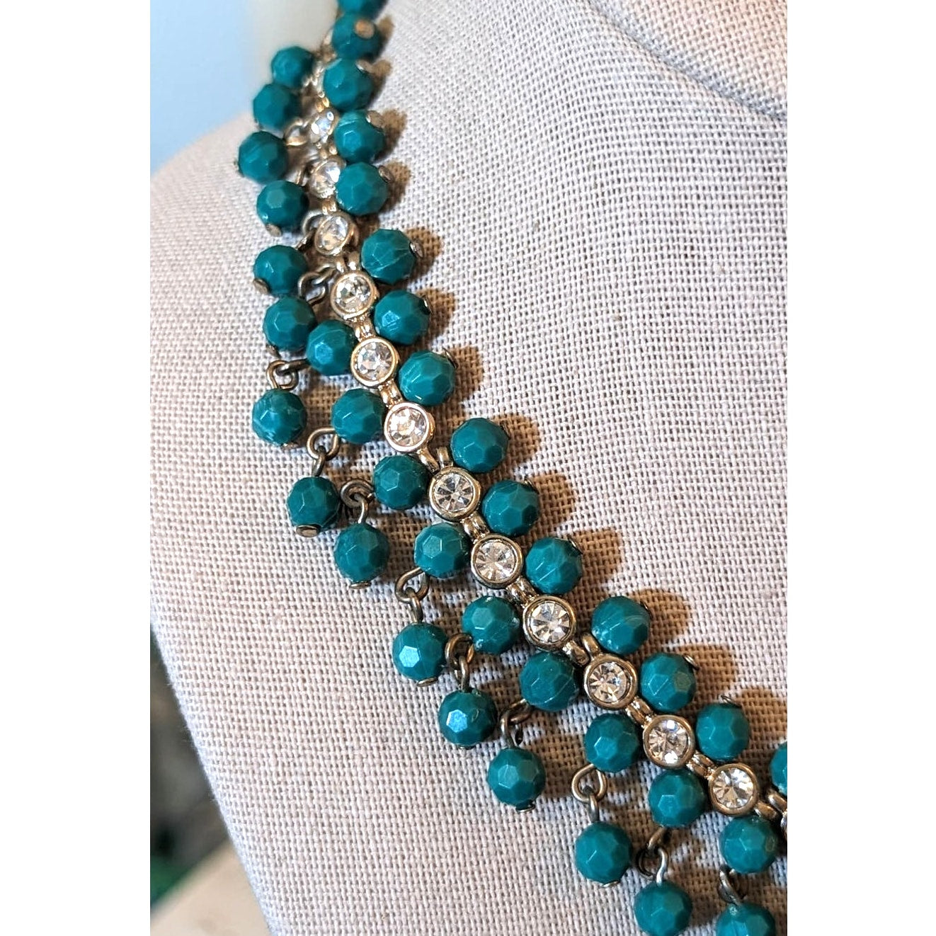 NRT for Avon Green/Blue Dangle Rhinestone Collar Statement Necklace