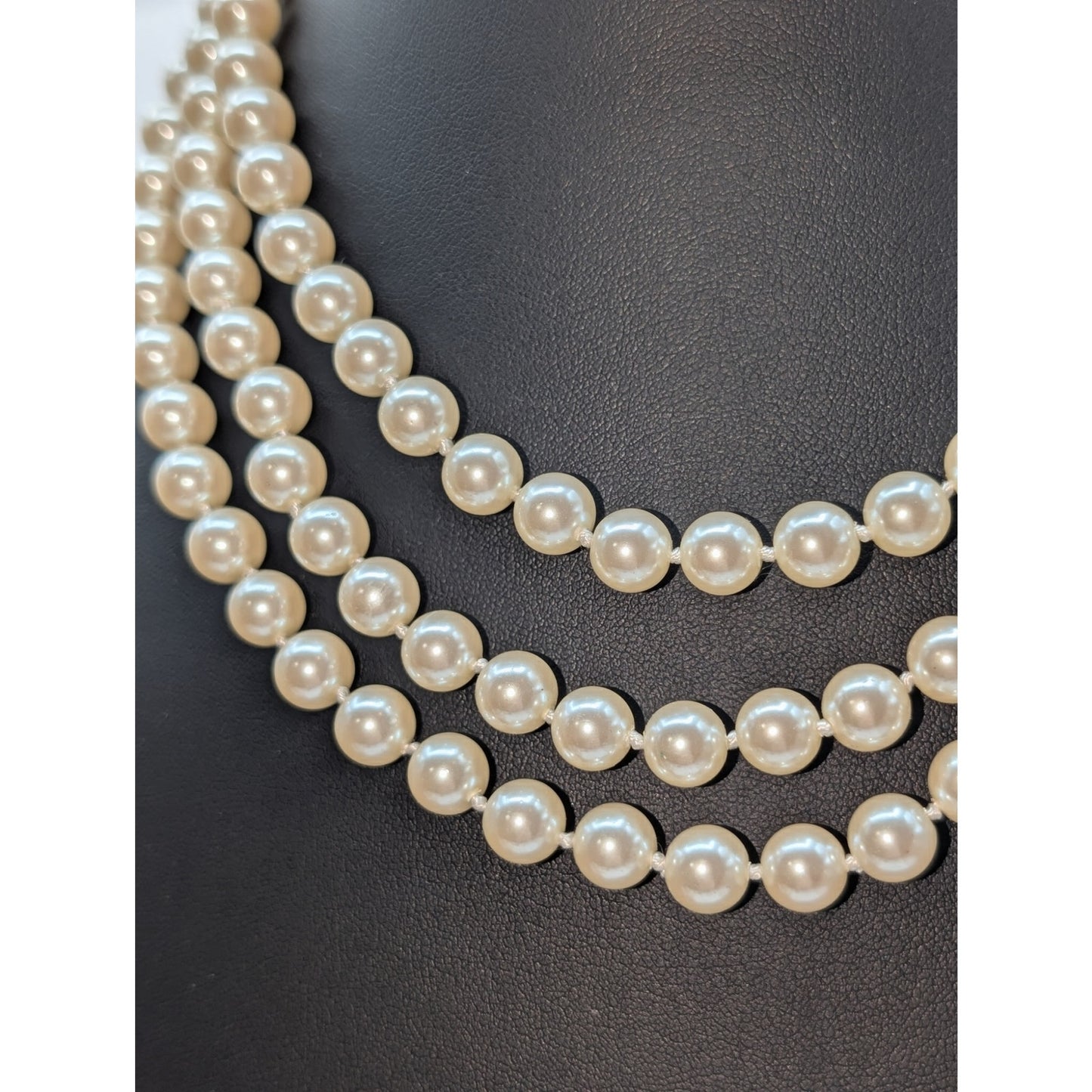 Carolee Three Strand Glass Faux Pearl Fancy Clasp Slide In 17" Necklace
