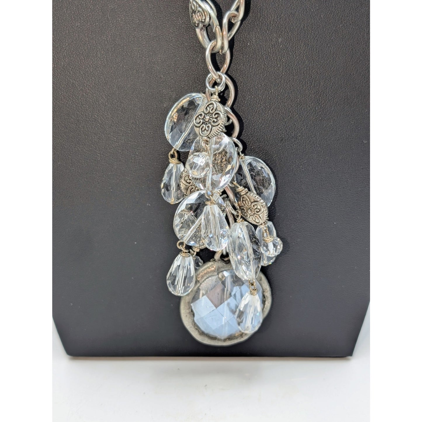 Chunky Silver Tone Faceted Crystal and Glass Cluster Tassel 27" Chain Necklace