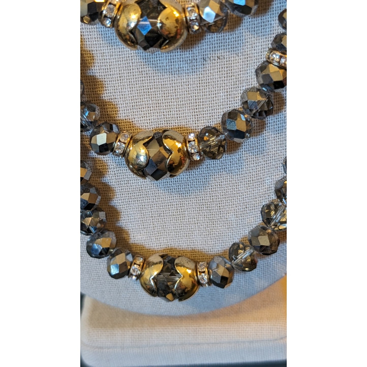 Smoky Gray, Metallic Crystal Bead, Gold Tone Rondelles, Scalloped Cap Necklace
