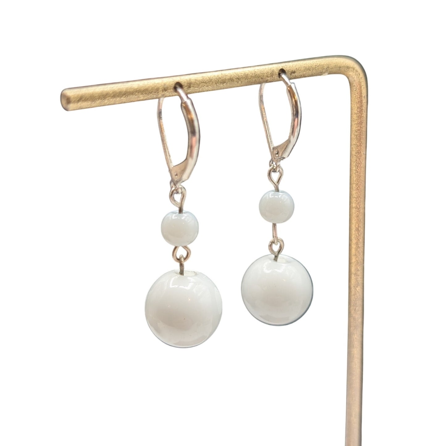 White Glass Silver Tone Lever Back Bauble Dangle Earrings