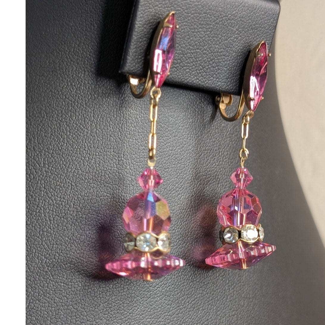Vintage Pink AB Faceted Crystal Rhinestone Gold Tone Dangle Ear Clips