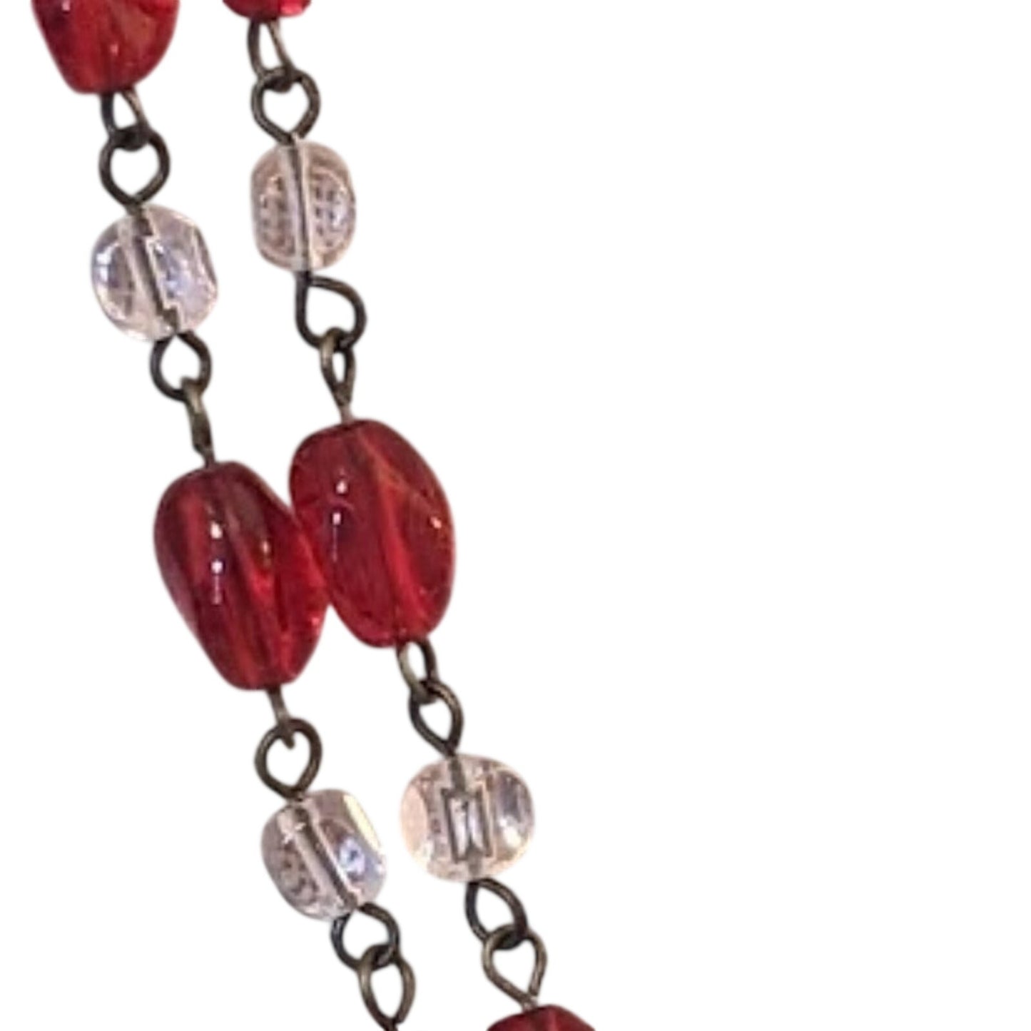 Vintage Red and Clear Glass Bead Rosary Style Chain Necklace