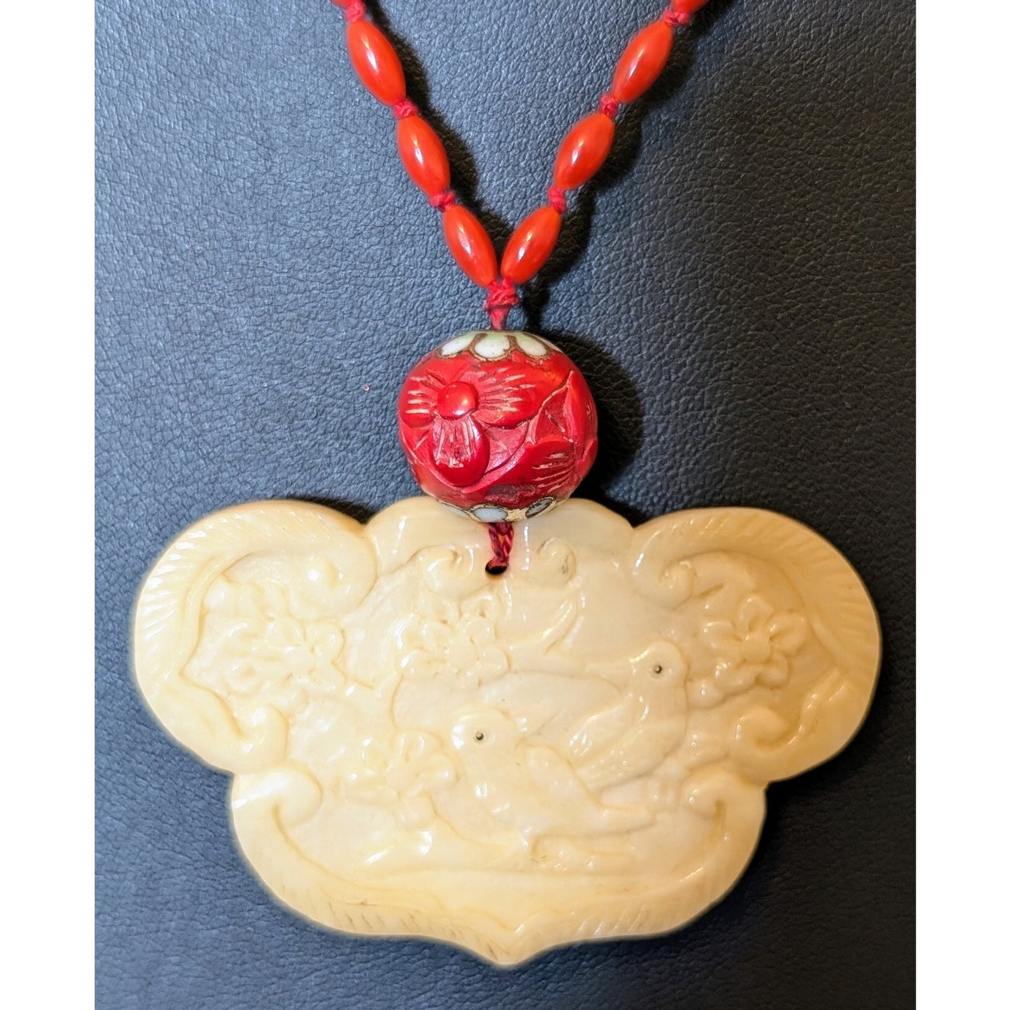 Antique Carved Birds Asian Medallion Hand-Knotted Beaded Necklace