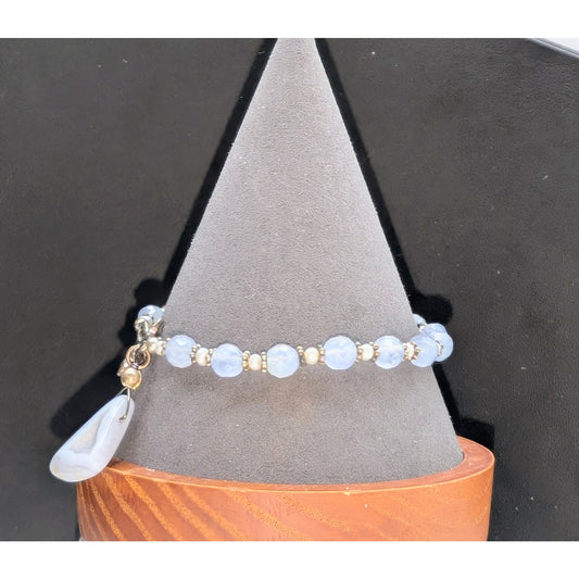 Blue Agate Seed Pearl Beaded Toggle Closure Bracelet