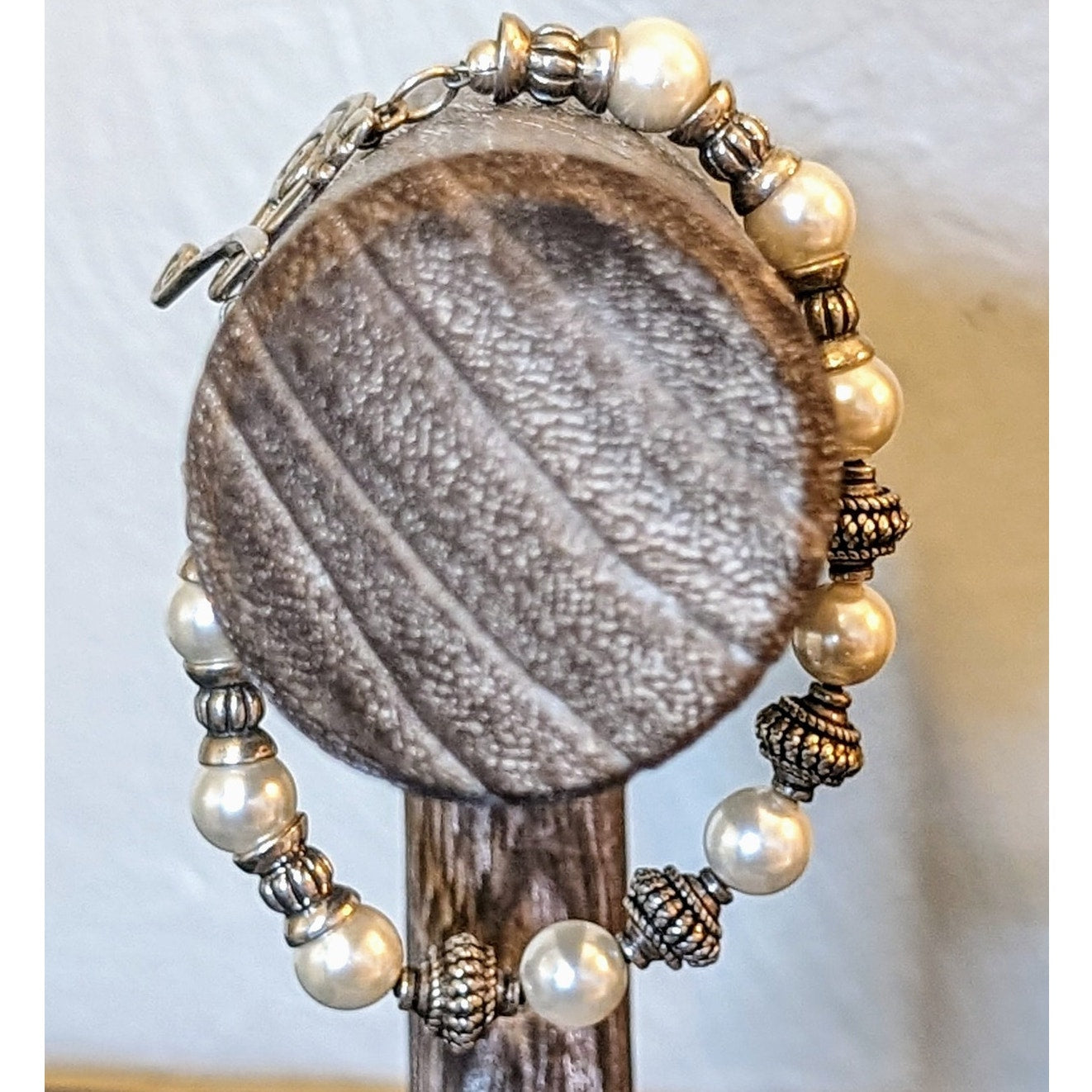925 Sterling Silver Glass Faux Pearl Bead Fancy Toggle Clasp  7.5" Bracelet