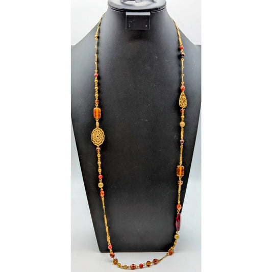 Avon Gold Tone Filigree Metallic Glass Warm Tone Beaded Station Chain Necklace
