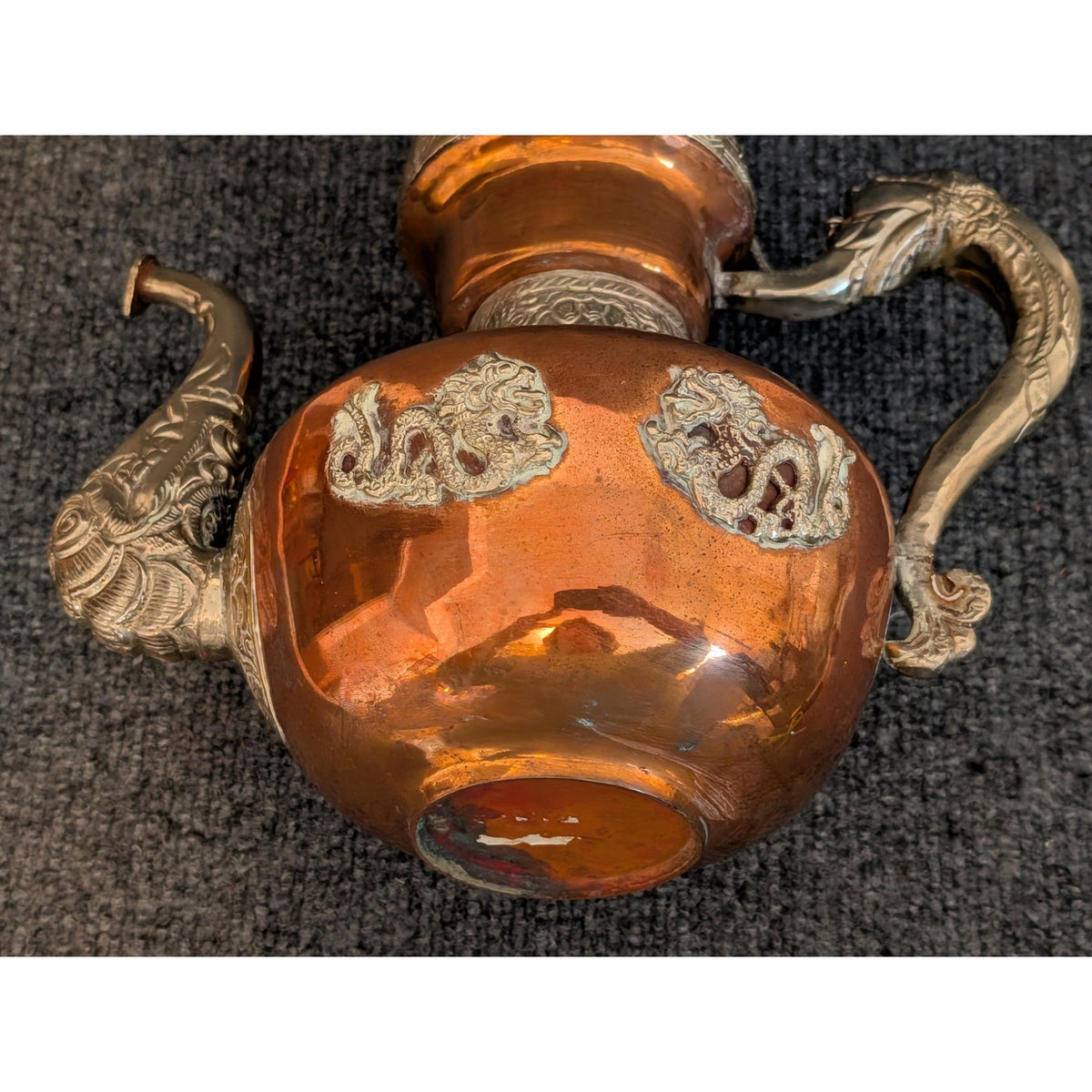 Antique 1900s Tibetan Dragon Tea Pot Ewer Copper With Silver Repose Decoration
