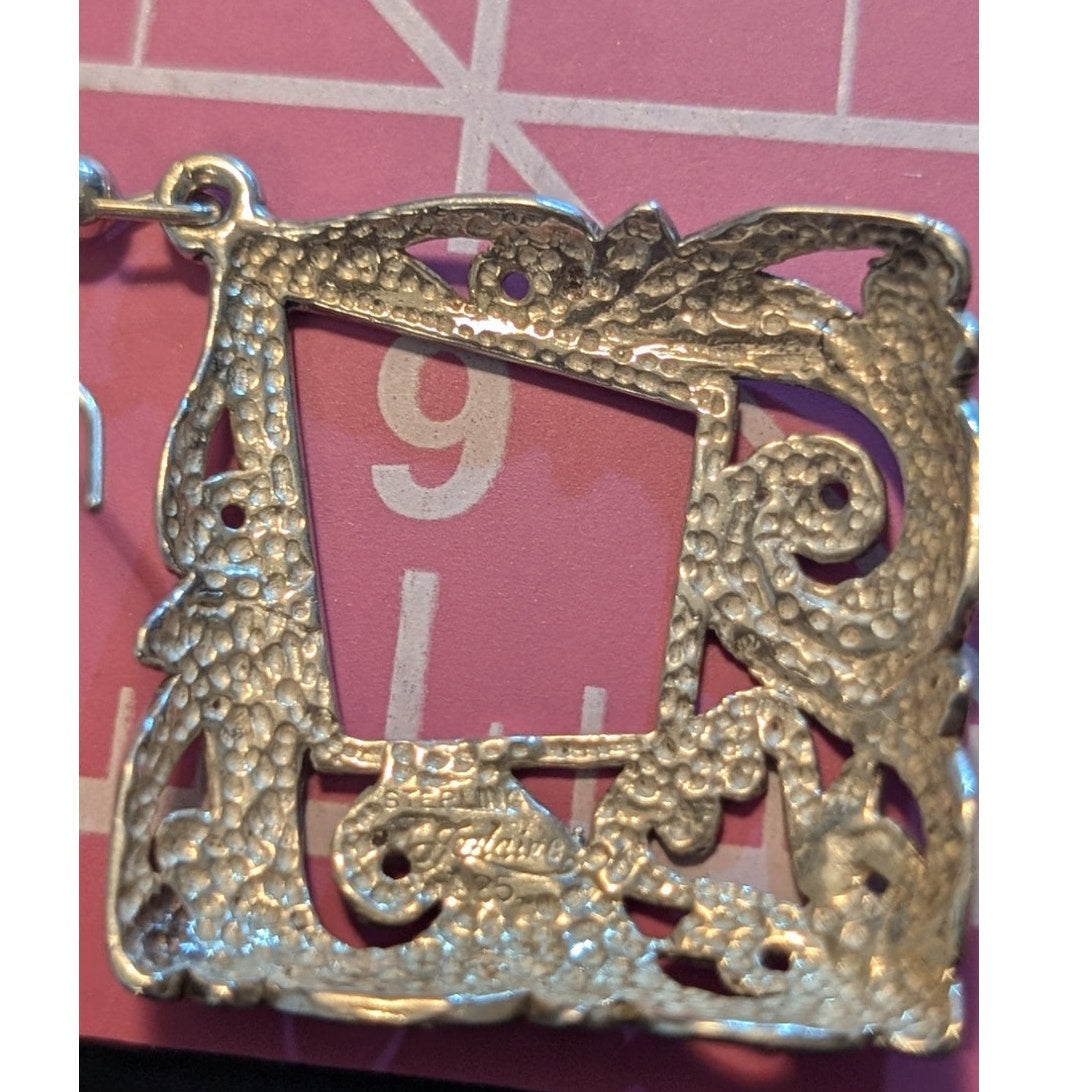 Vintage Marked Sterling Jezlaine Silver Filigree Diamond Shaped Dangle Earrings