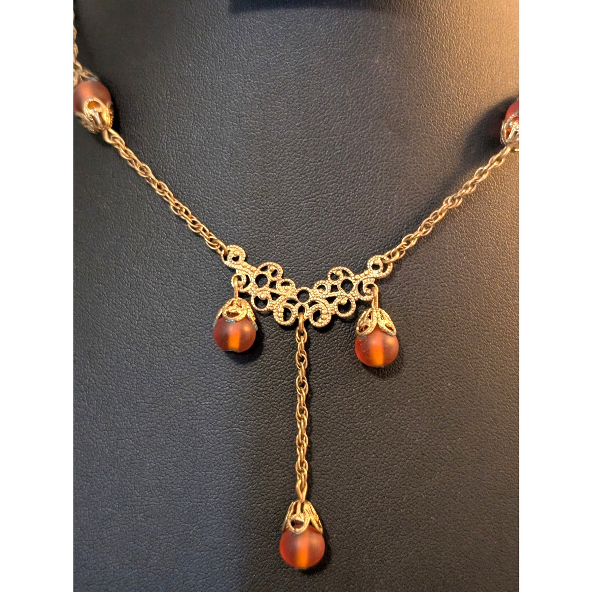 Vintage/Antique Gold Tone Frosted Brown Bead Dangle Chain Hook Clasp Necklace