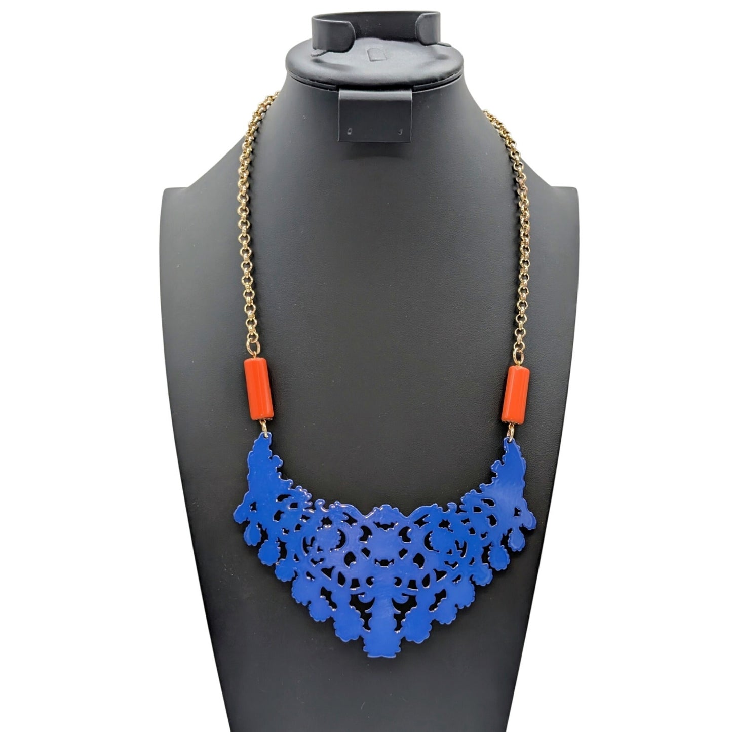 Zenzii Blue Orange Gold Tone Laser Cut Heavy Acrylic Lace Bib Statement Necklace