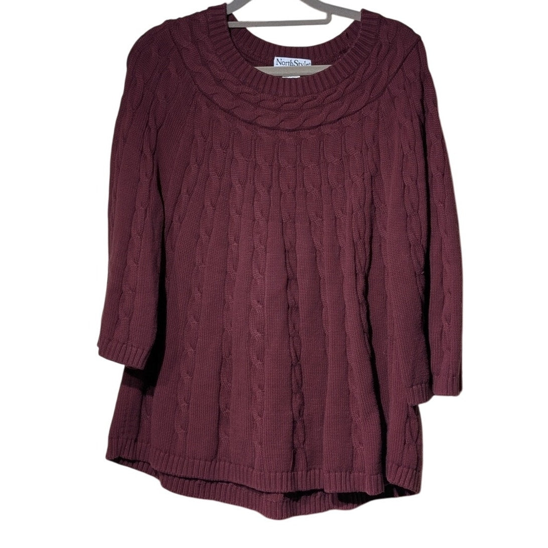 NorthStyle Burgundy Cable 100% Cotton 3/4 Bell Sleeve Sweater Women's Sz XL