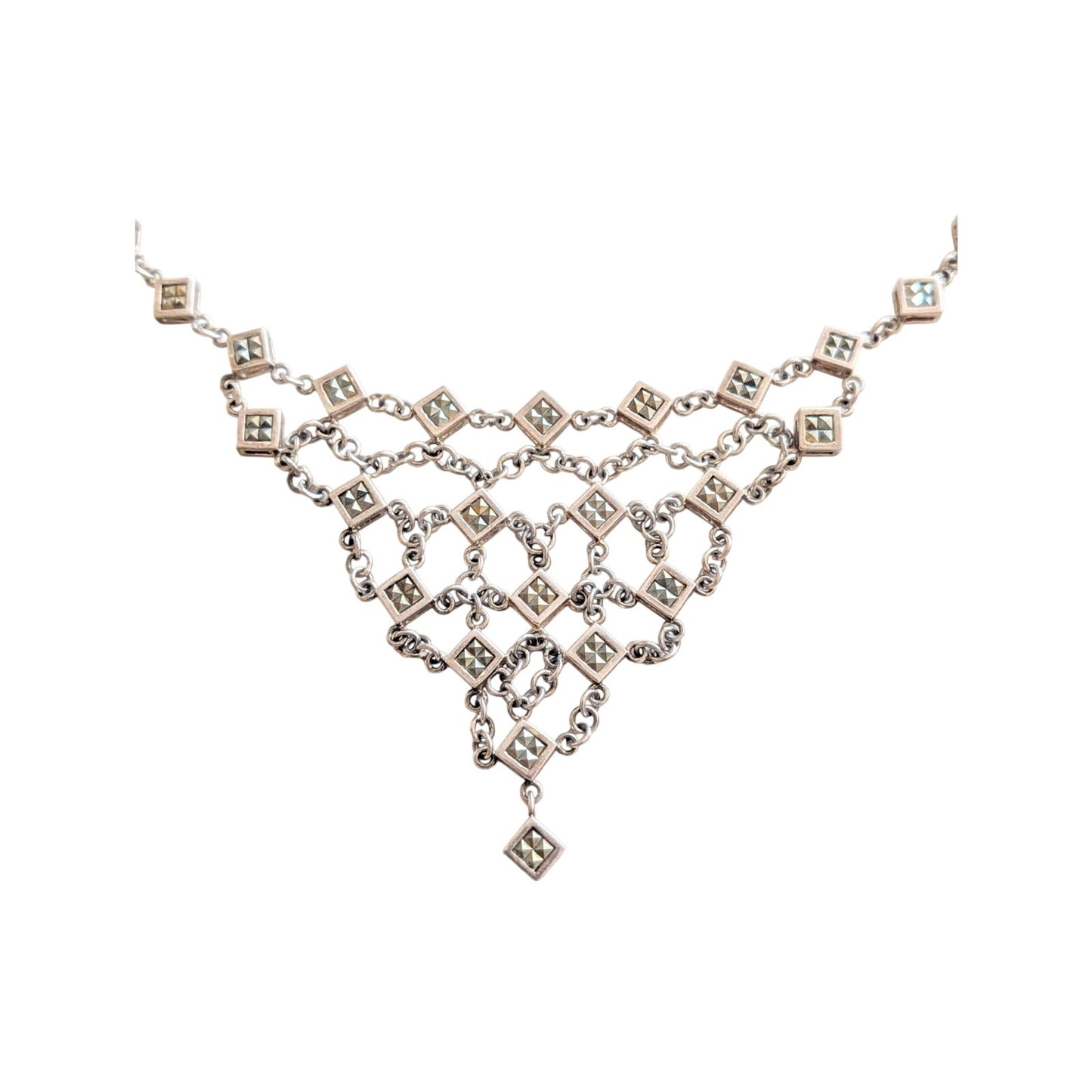 Vtg Unmarked Silver Tone Marcasite Chainmail Bib Hook Clasp 17"-18.25" Necklace