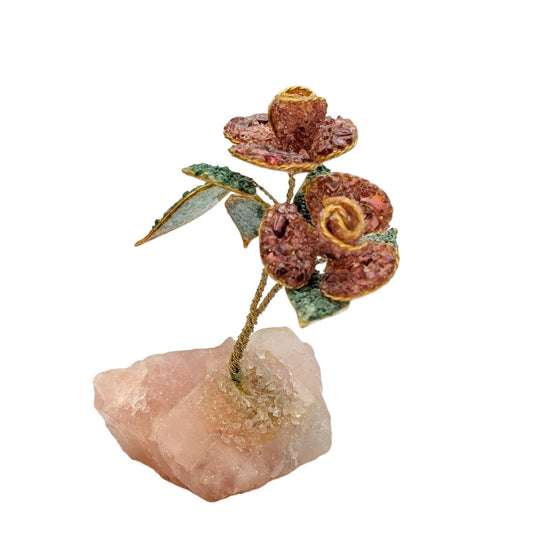 Vintage Oriental Bonsai Art Wire Rose Flower Pink Quartz Stone Collectible Decor