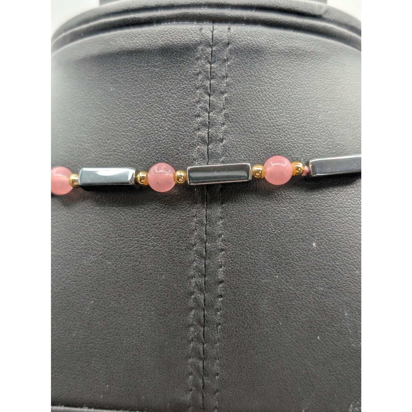 Elongated Hematite Pink Quartz Gold Tone Bead Over the Head 32" Necklace