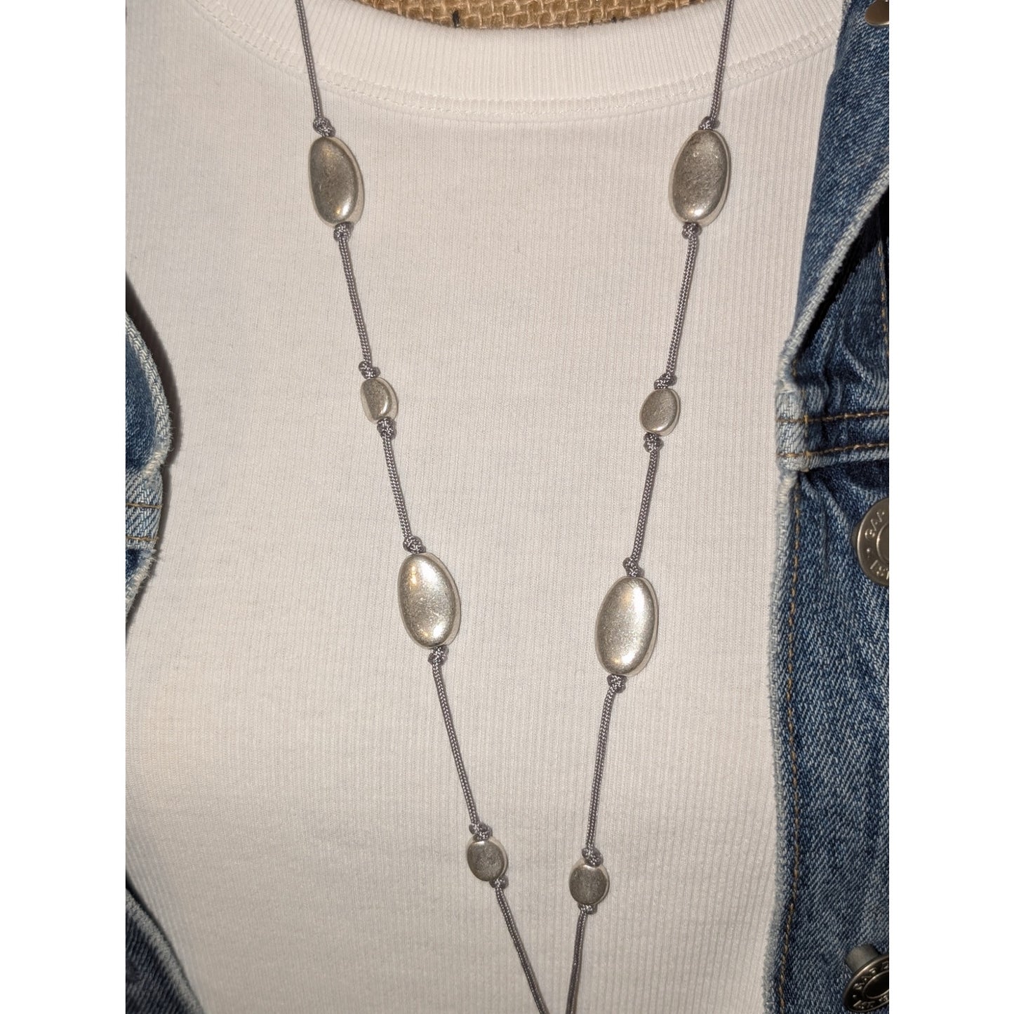 Long 30"-33" Silver Tone Beaded Station Corded Long Dangle Necklace