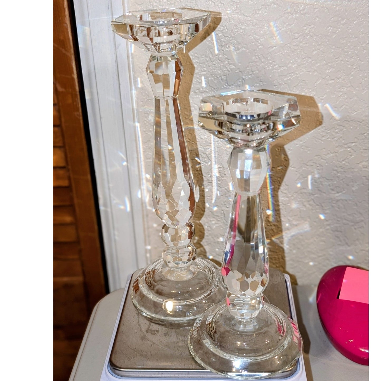 Set of Two Heavy Faceted Lead Crystal Candle Holders 11" & 9" Tall