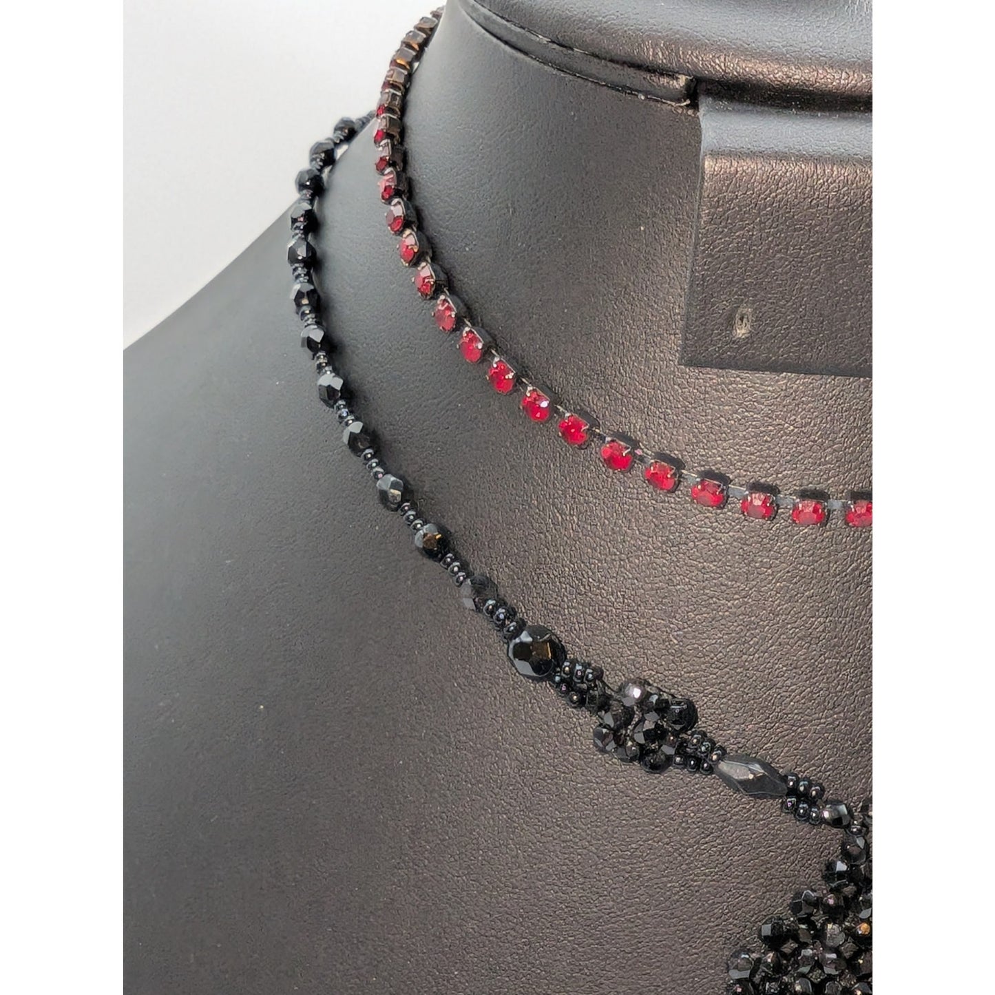 Vintage Lot of Two Black Crystal & Red Rhinestone Necklaces