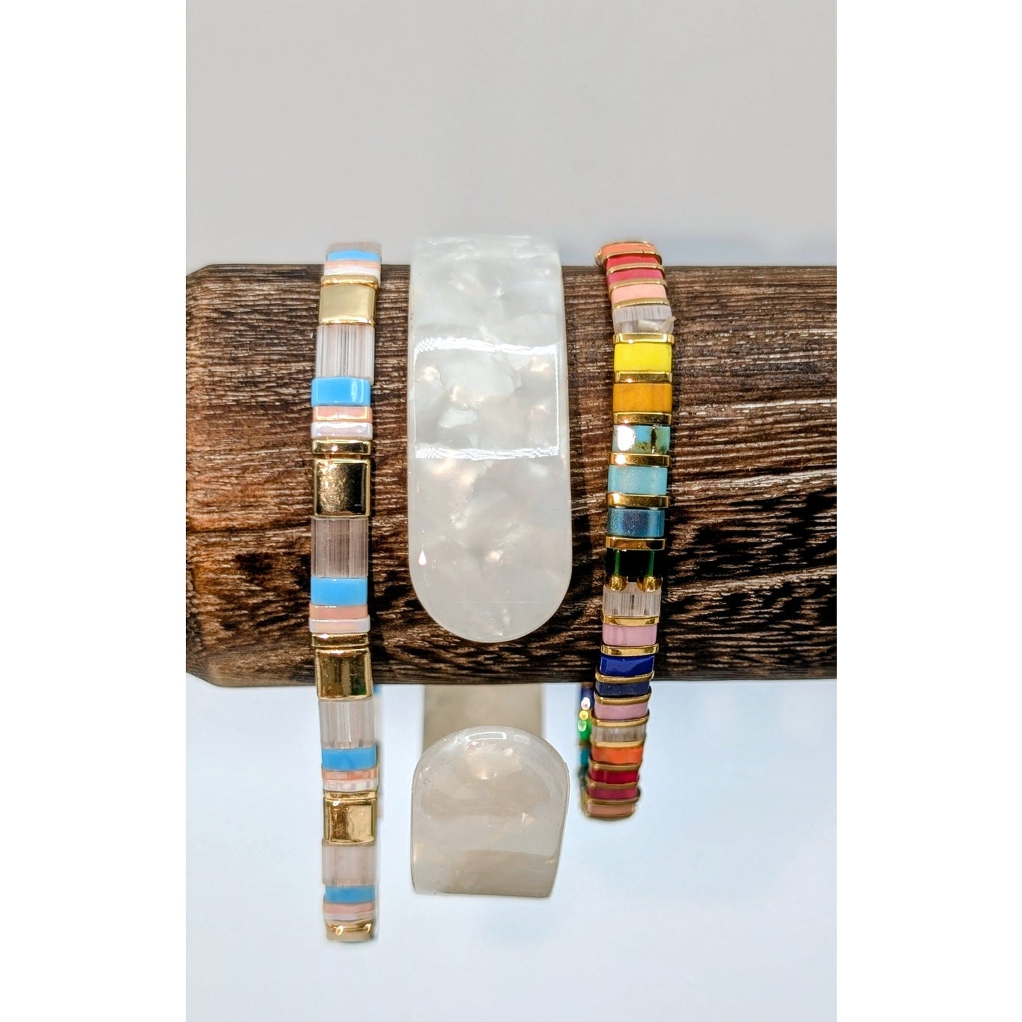 Lot of Two Flat Beaded Stretch Bangle Bracelets & One Acrylic Cuff Bracelet