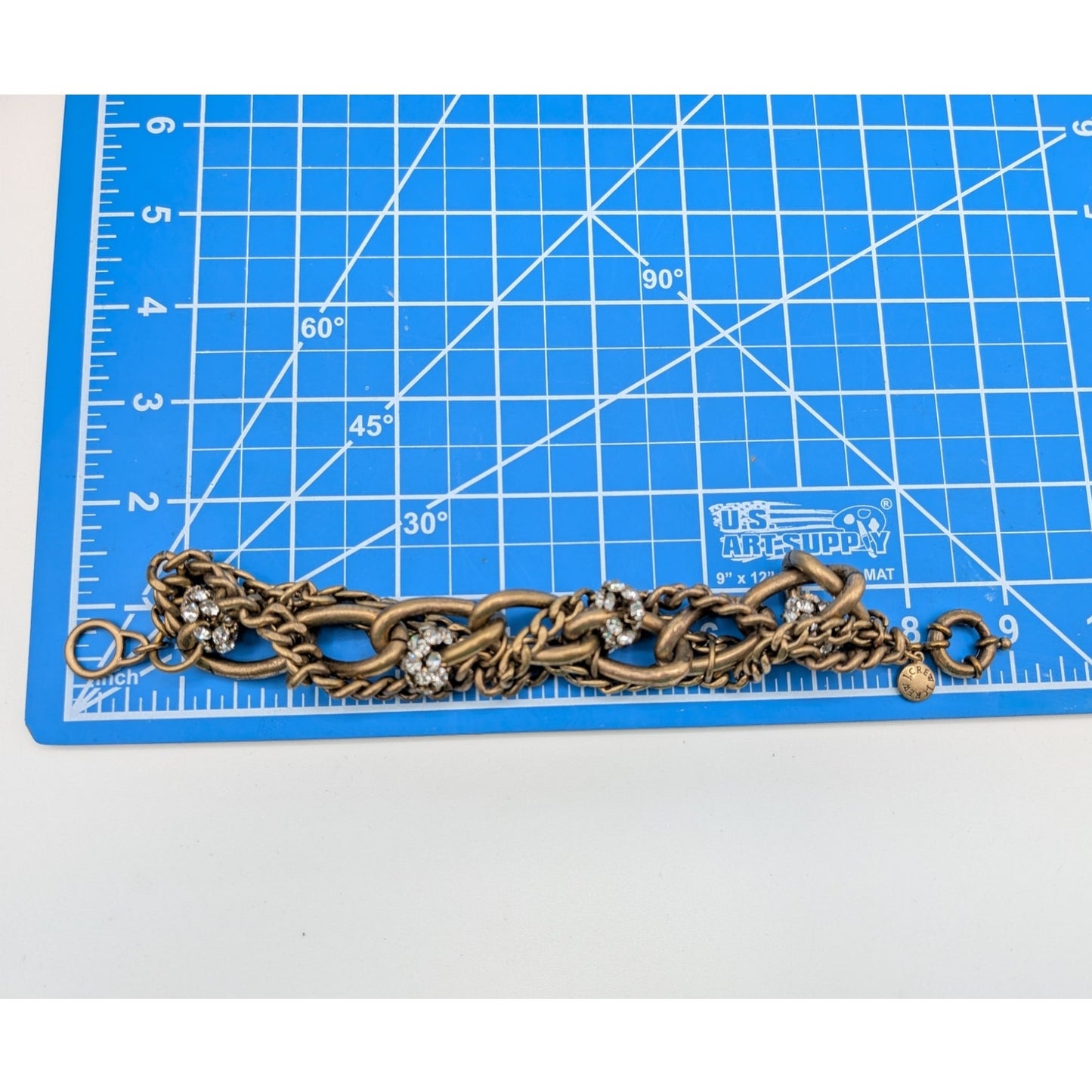 J.Crew Brass Plated Chunky Twisted Chain Link Clear Rhinestone Bracelet