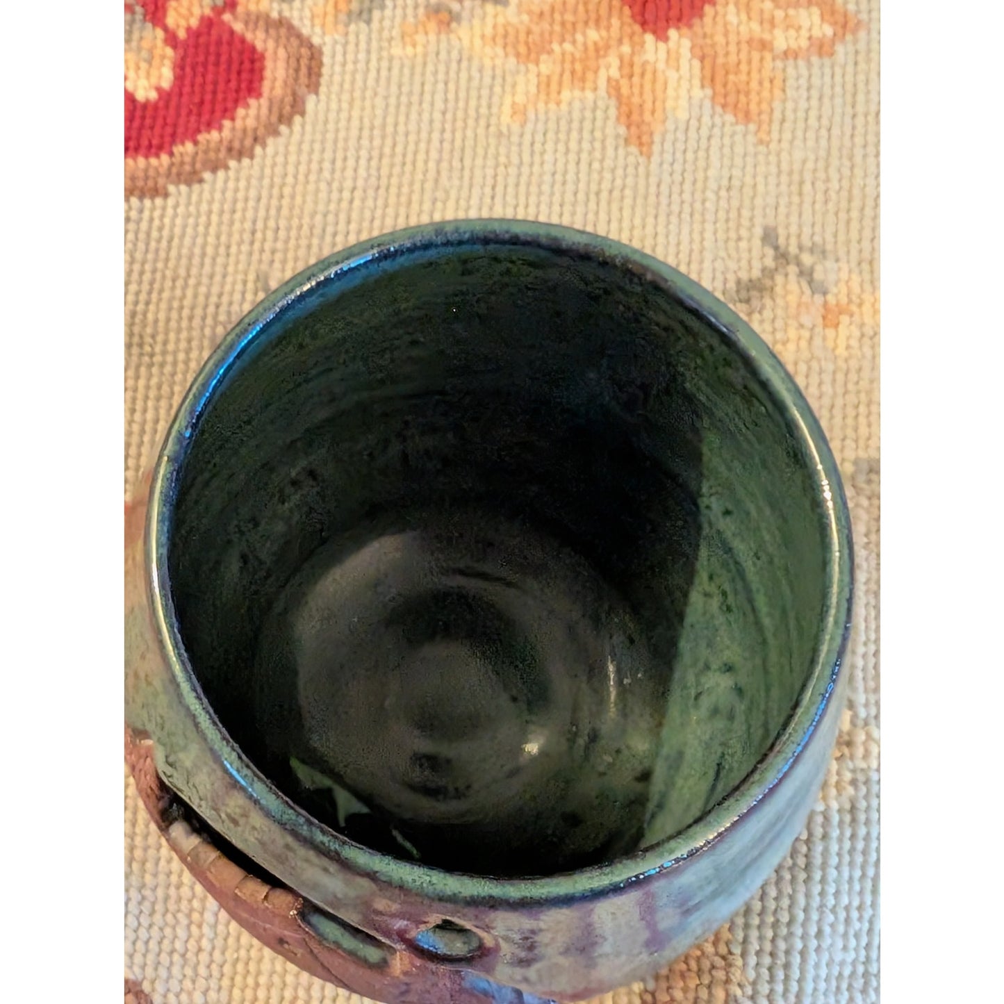 Signed RM Pottery Luminary Candle Holder Green W/ Brown Cut Out Cabincore Design
