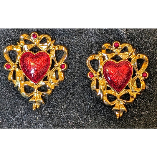 Vintage Avon Large Gold Tone Ribbon Red Enamel & Crystal Heart Post Earrings