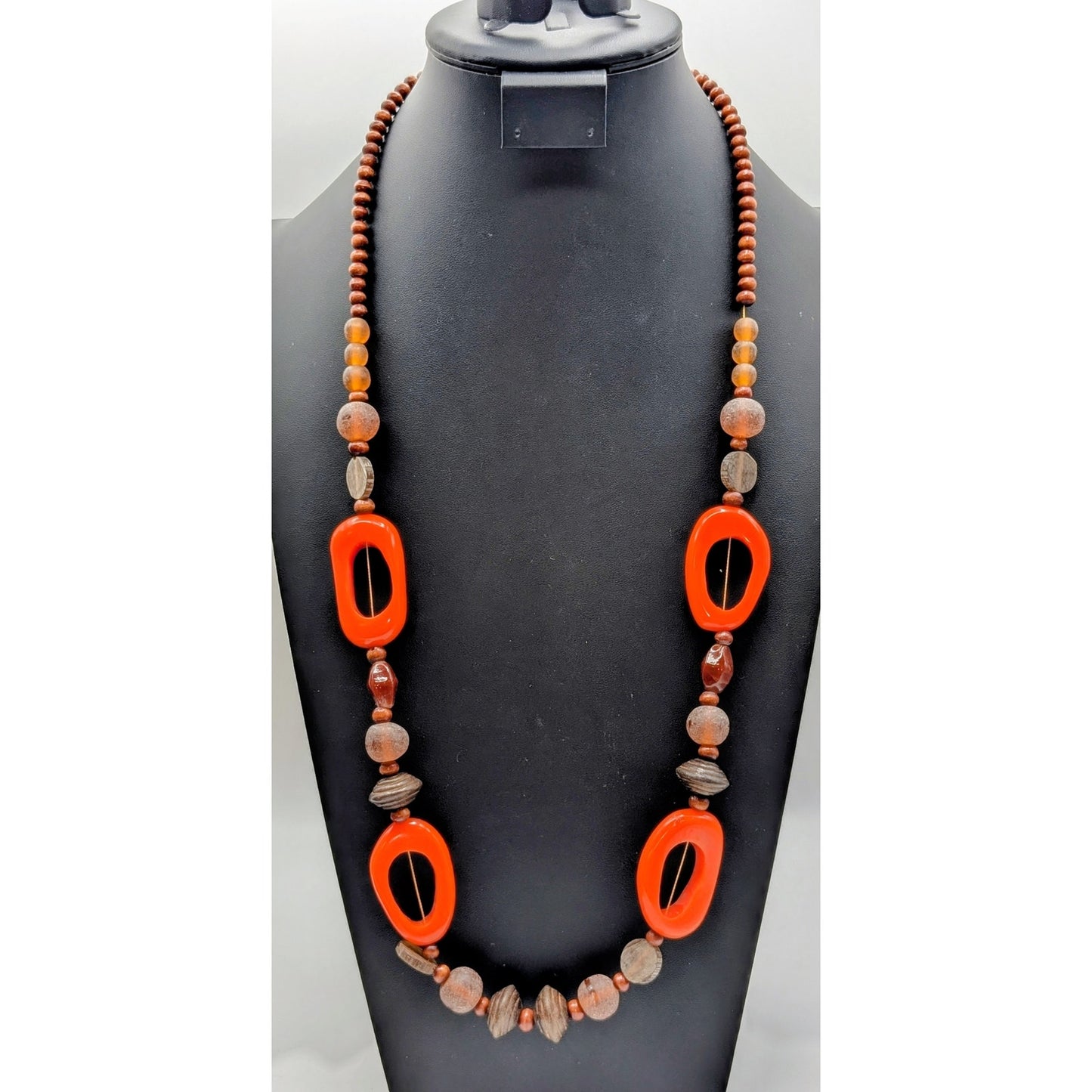 Vintage 70s Wood Orange Resin Bead 32" Over the Head Necklace