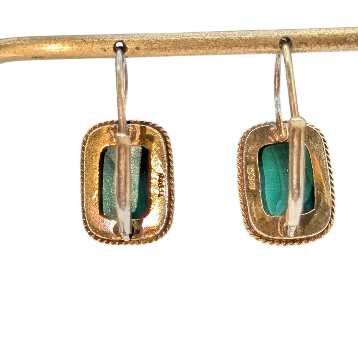 Vintage 925 Vermeil Malachite Yellow Rope Surround Lever Back Earrings