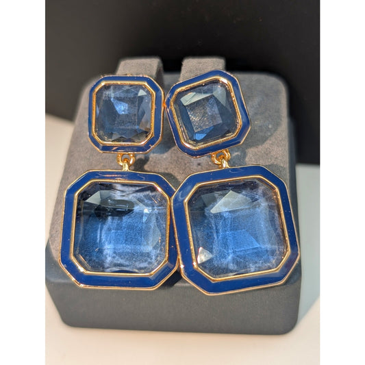 Blue Lagoon Glass Gold Tone Blue Enamel Drop Pierced Earrings