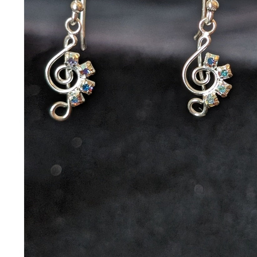 Marked 925 Sterling Treble Clef AB Crystal Dangle French Wire Earrings