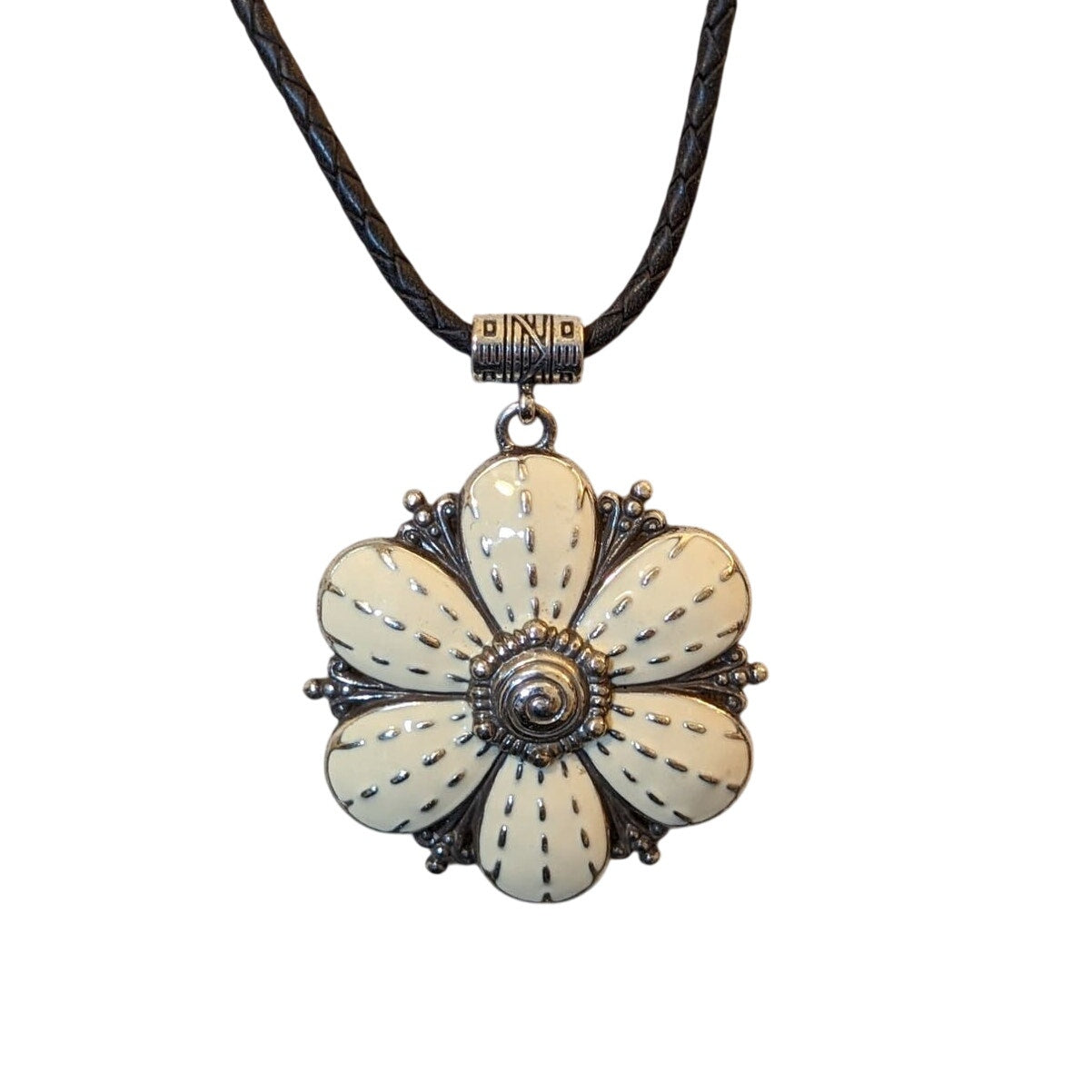BRIGHTON Retired Rare Cream Enamel Flower Pendant Braided Leather Necklace