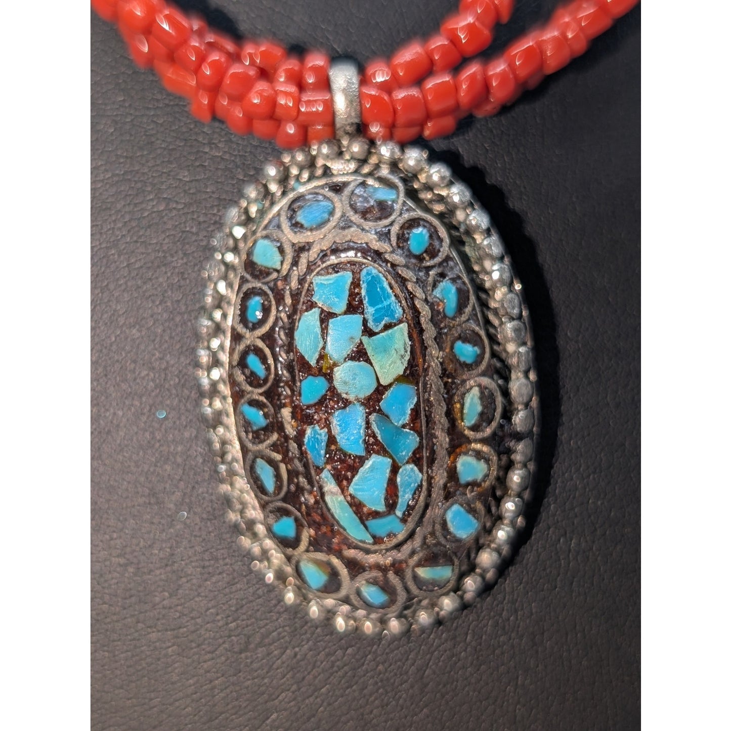 Vintage Red Glass Bead Signed ae Turquoise Chip Silver Tone Pendant Necklace