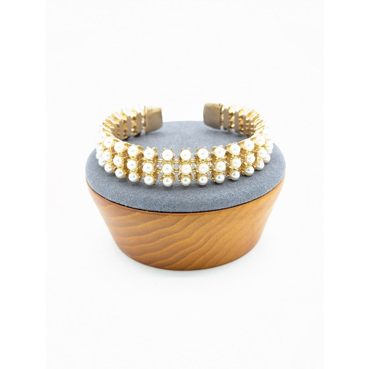 Vintage Gold Tone Three Row Faux Pearl Cuff Bracelet