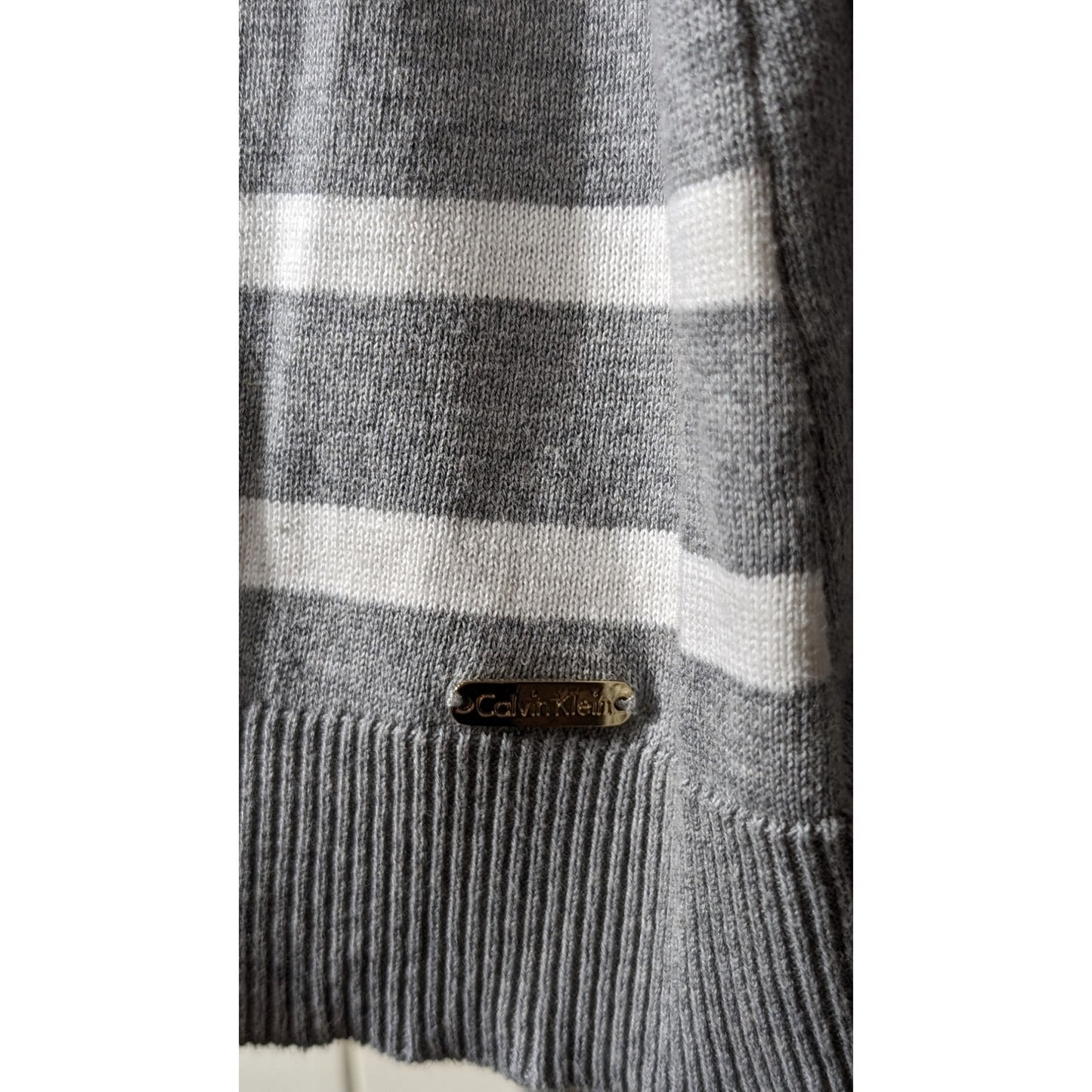 Calvin Klein Gray/White Striped Gold Button 3/4 Sleeve Cardigan Womens Sz XL