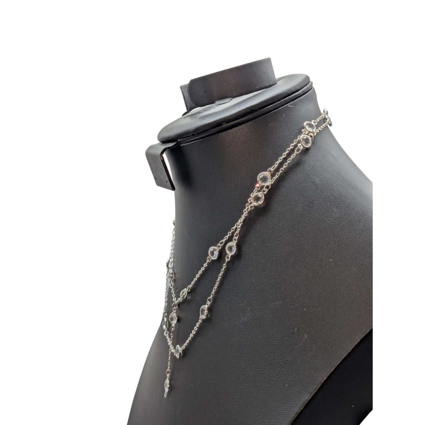 Double Strand Silver Tone Crystal Station Y Drop 15.5" Choker Necklace