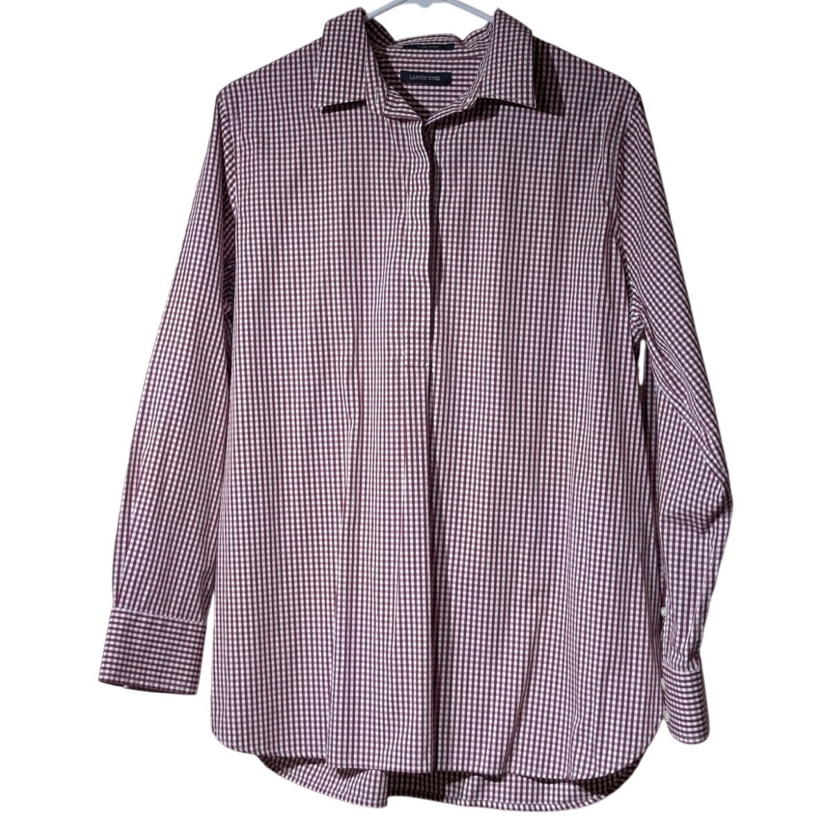 Lands' End Burgundy Check No Iron Supima Popover Long Sleeve Half Button Tunic
